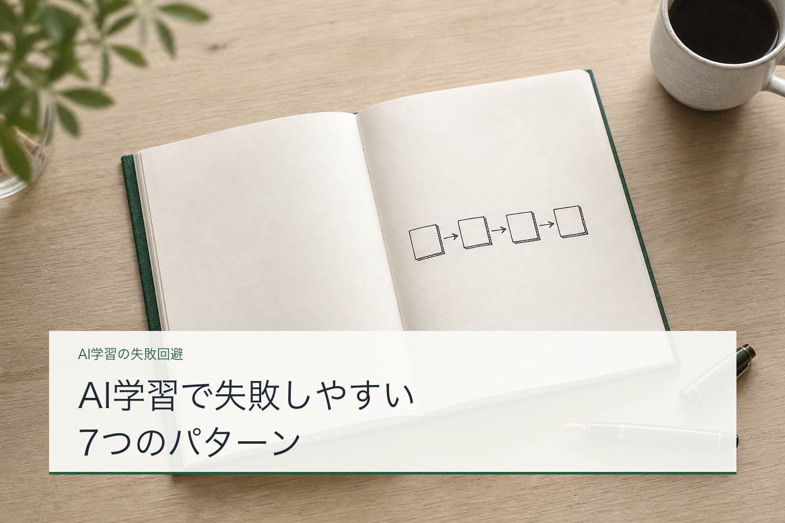AI学習で失敗しやすいパターンを示す、ノートと順序図のアイキャッチ画像